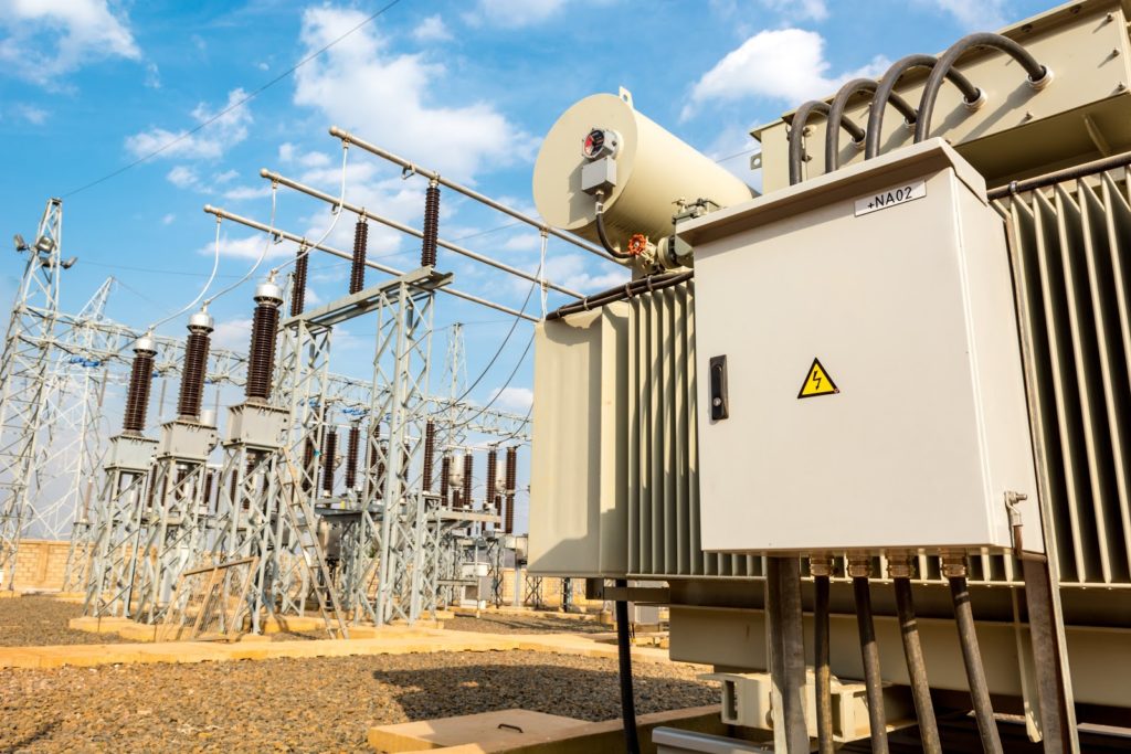 Power utility box on a power transformer in substation switchyard. Electrical distribution.